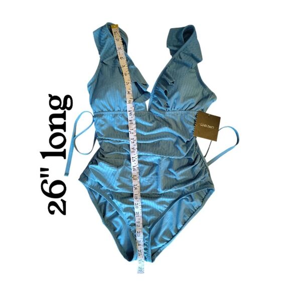 Ellen Tracy Laid Back Blue Ruffled Slimming One Piece Swimsuit Size 10 NWT - Picture 9 of 10